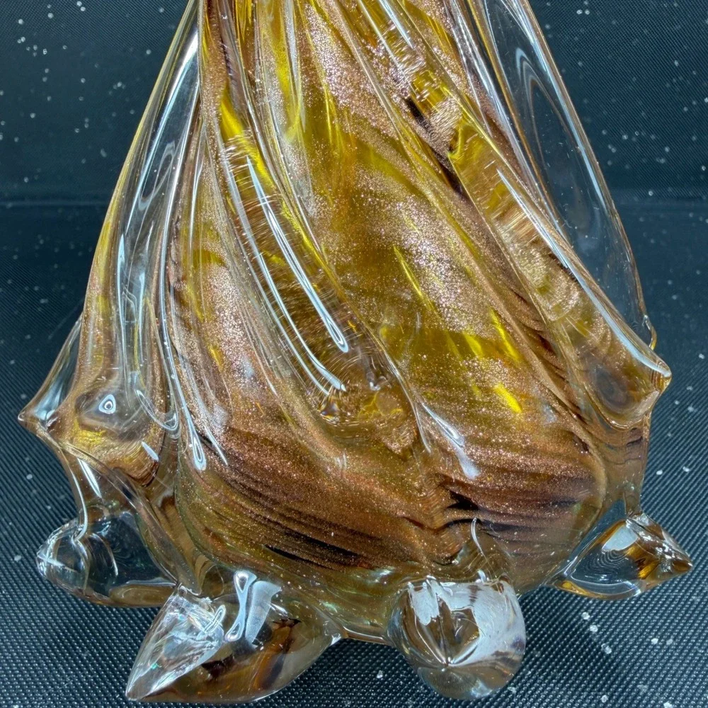 Pier 1 Art Glass Christmas Tree Figurine Amber Copper Glitter 8inch Paperweight
